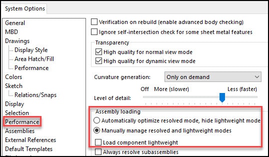 This new option in SOLIDWORKS 2023 is also associated with two other new options: “Manually manage resolved and lightweight modes” & “Load component lightweight”. The Manually Manage choice controls when a component loads in lightweight or resolved modes and the Load Component Lightweight is simply a renamed past option that used to be called “Automatically load components lightweight”.