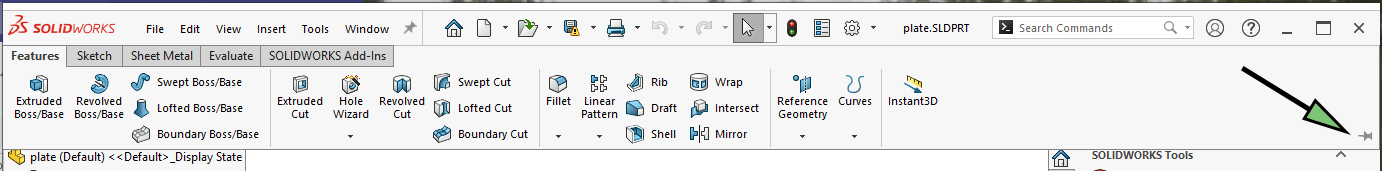 If your solidworks command manager is collapsed, the pin option will make sure it stays visible.
