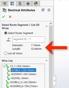 The electrical attributes in SOLIDWORKS Routing 2023 display the length and outer diameter of the harness bundle. It will also show any unused cores.