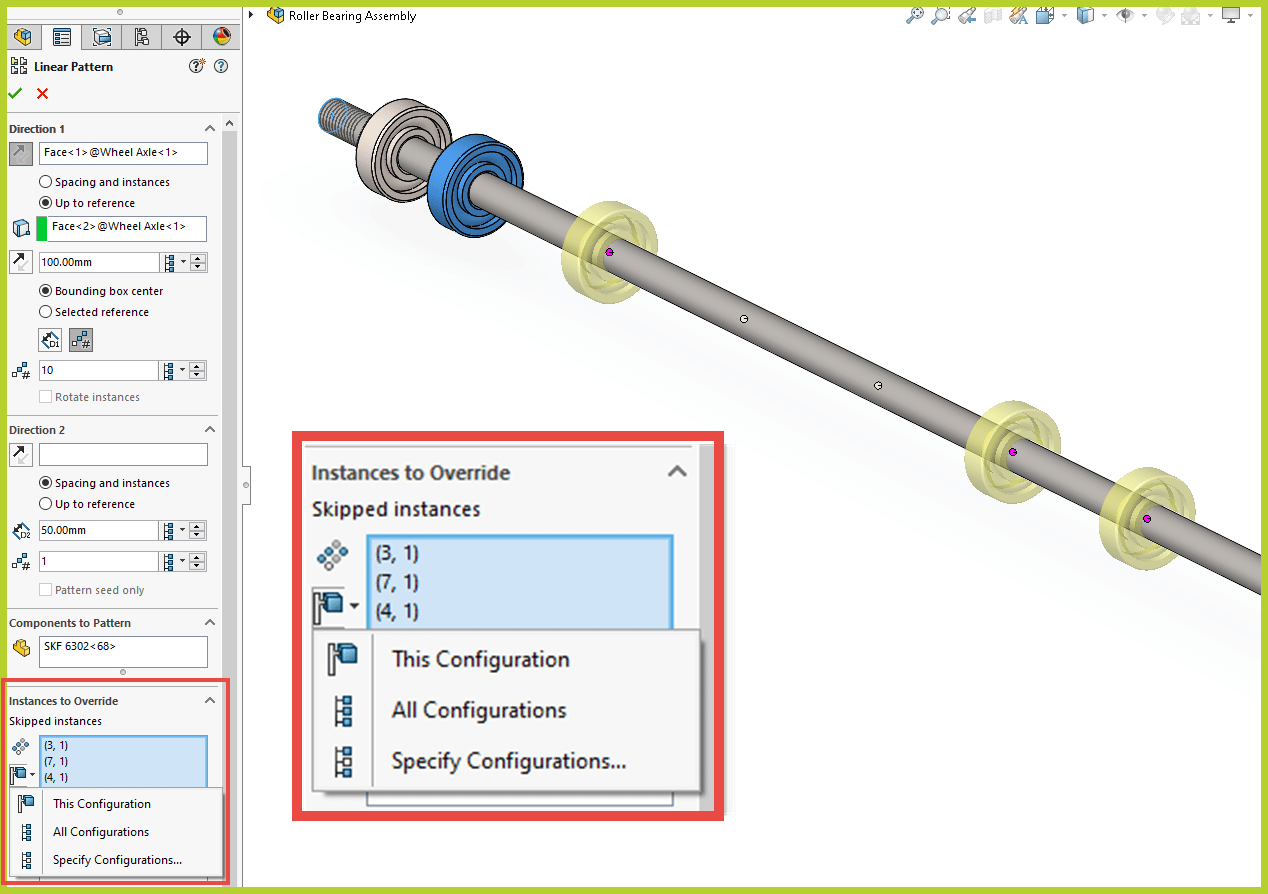 Assemblies in SOLIDWORKS 2023 offer the option to configure which instances to skip in assembly patterns and which configurations are affected.