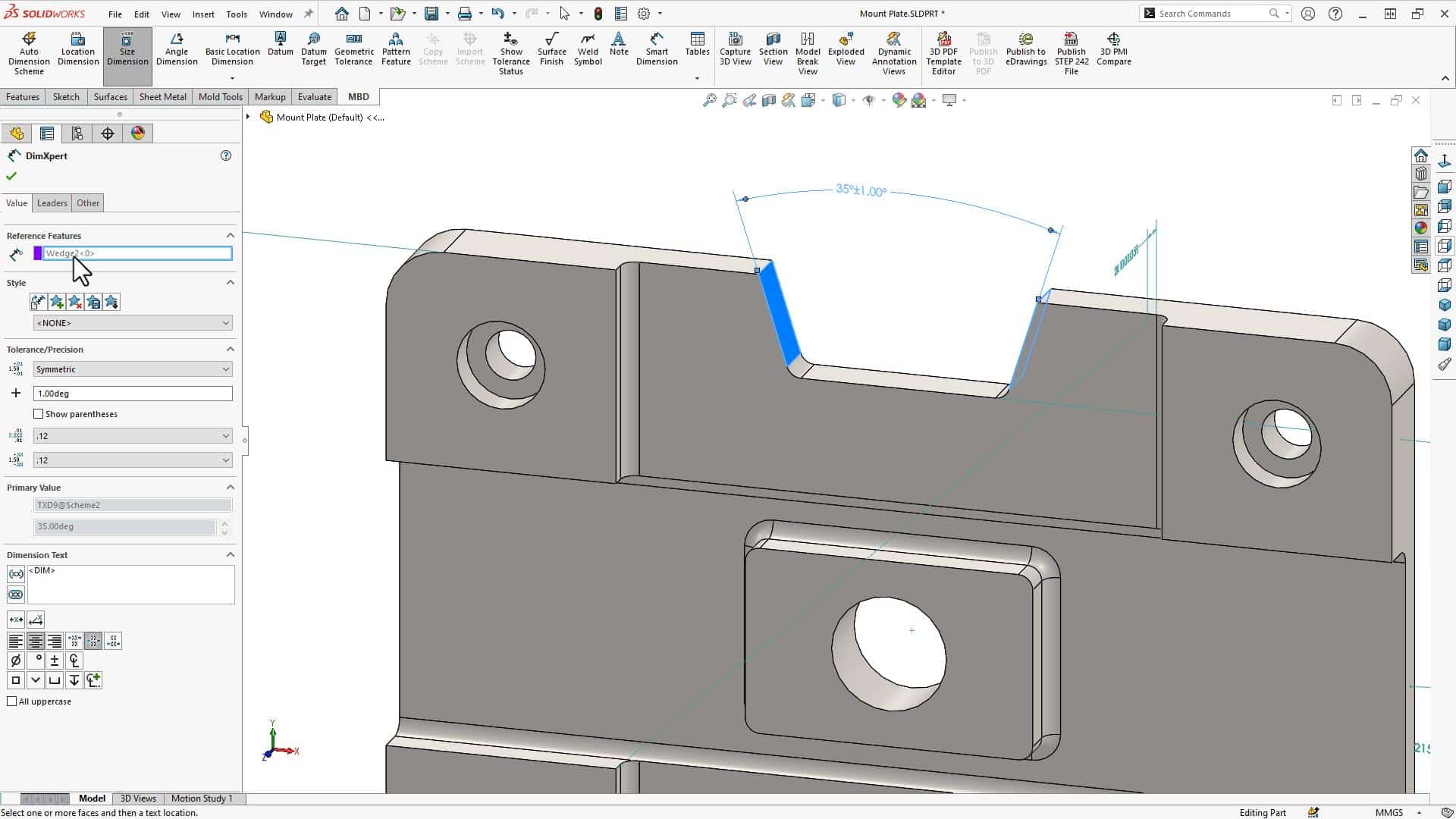 This image shows SOLIDWORKS MBD 2023 support for wedge features.