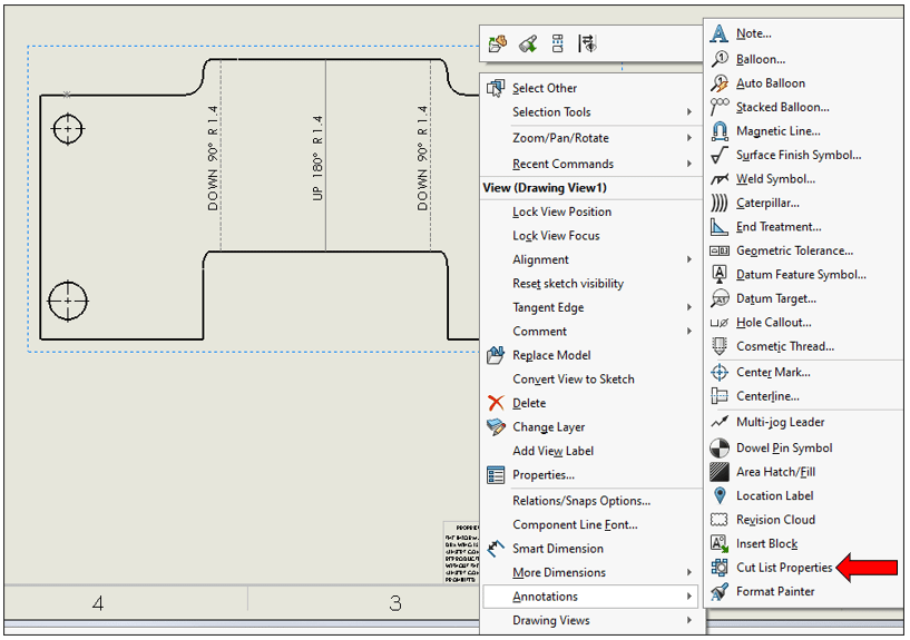 Cut List Properties annotation