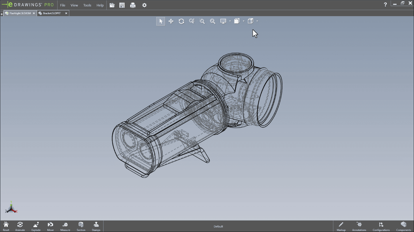 eDrawings 2023 supports both a true wireframe and a hidden lines visible option. This image shows what hidden lines visible looks like.