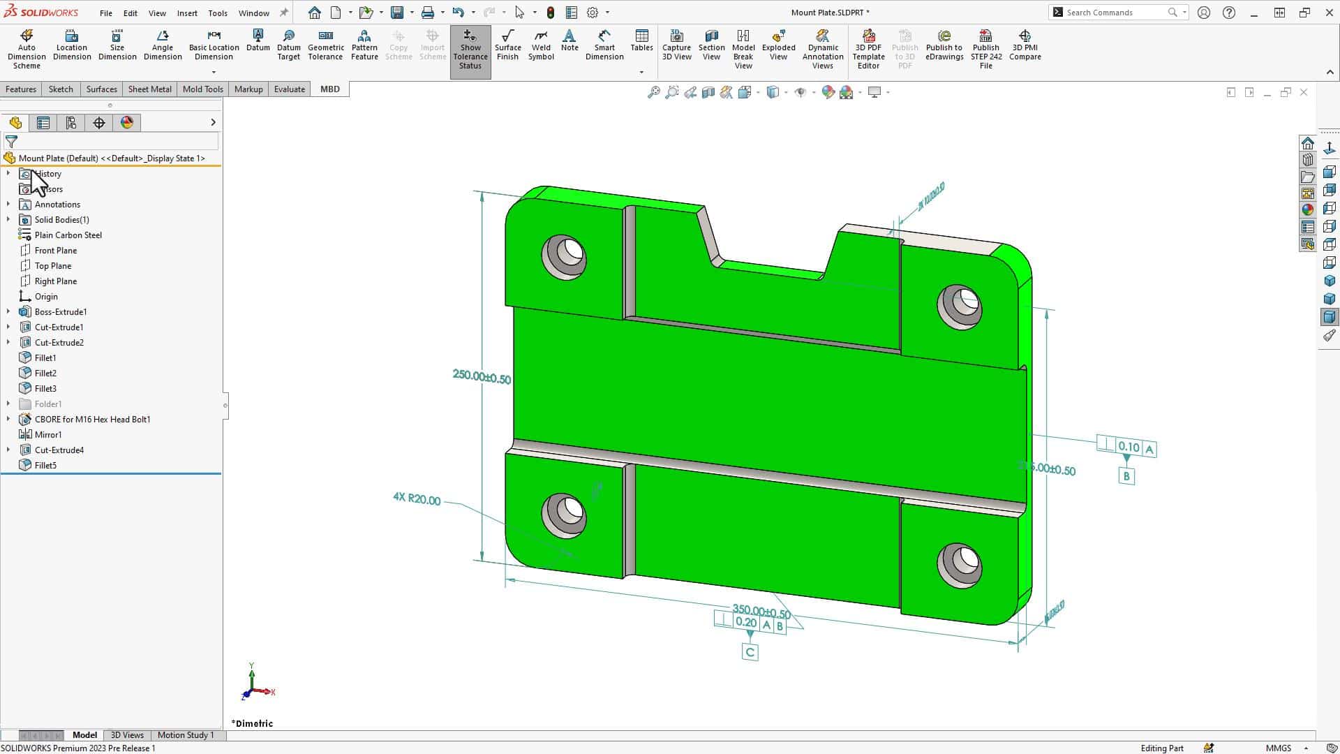 Green faces indicate proper tolerancing in SOLIDWORKS MBD. This image shows a model with adequate tolerancing on all faces.