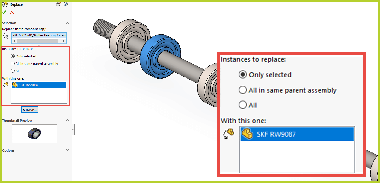 With SOLIDWORKS 2023, you can replace individual instances of an assembly component pattern.