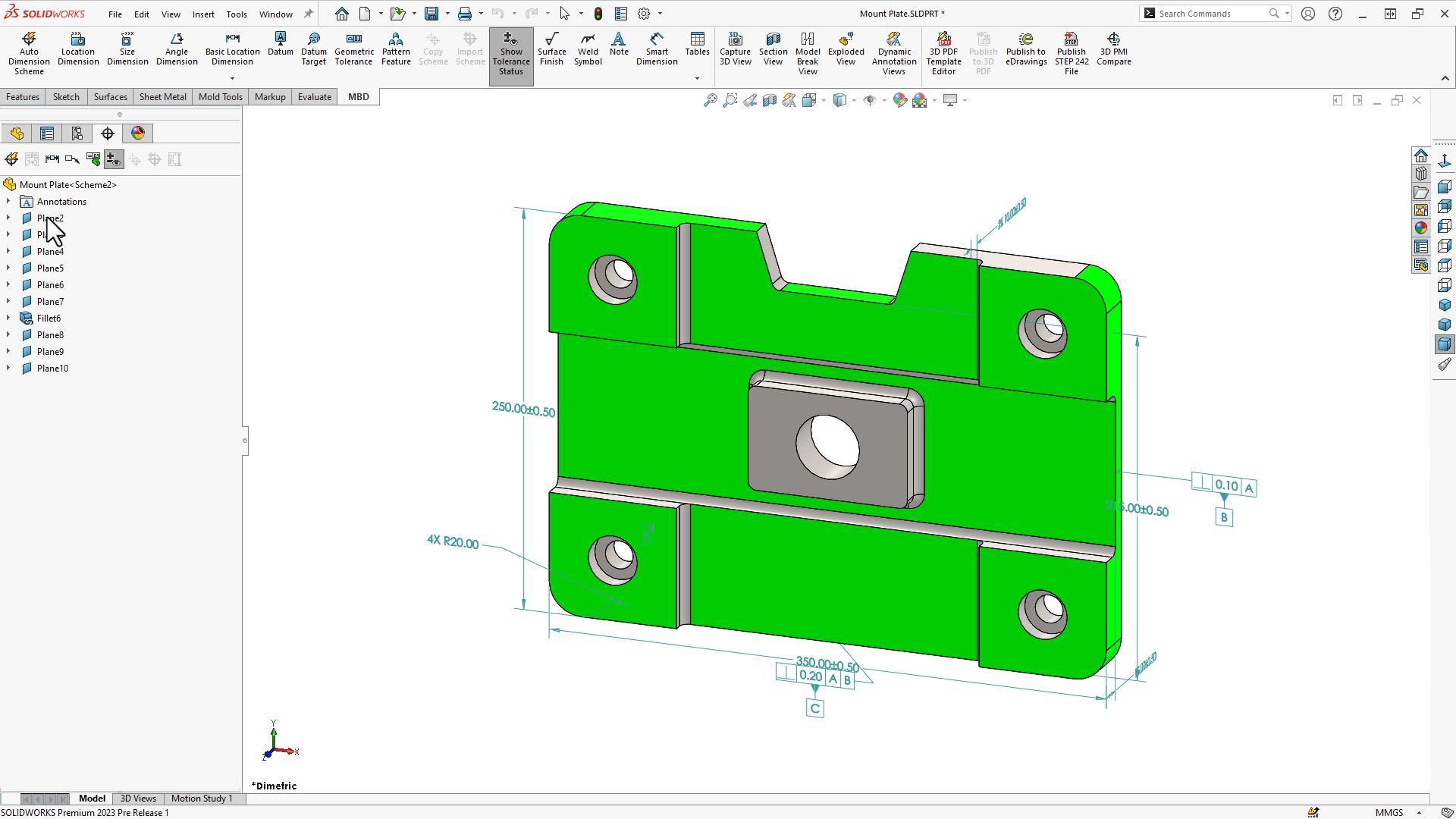 If you add a new face or feature to a model, SOLIDWORKS MBD does not automatically tolerance that face or feature.
