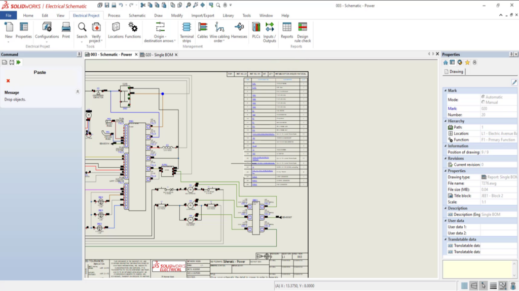 You can insert report tables anywhere in a SOLIDWORKS Electrical 2023 project.