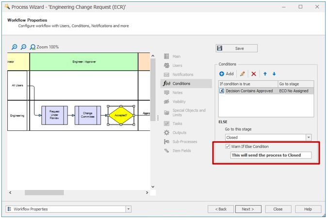 We can provide warnings to users if they select actions in a workflow in SOLIDWORKS Manage 2023. Set this up in your process wizard, shown here.