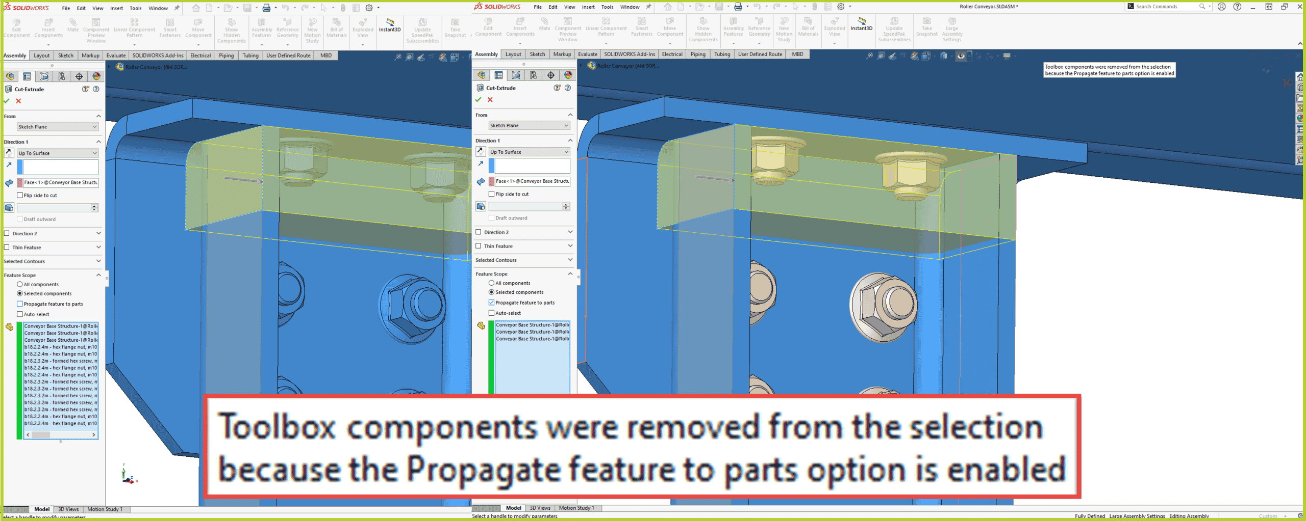 Toolbox components were removed from the feature scope of assembly cuts, ensuring your components are unaffected by assembly-level modifications.