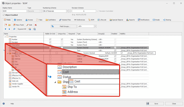 We can drag an drop custom fields in SOLIDWORKS Manage 2023, making it easier to reorder our bills of materials.