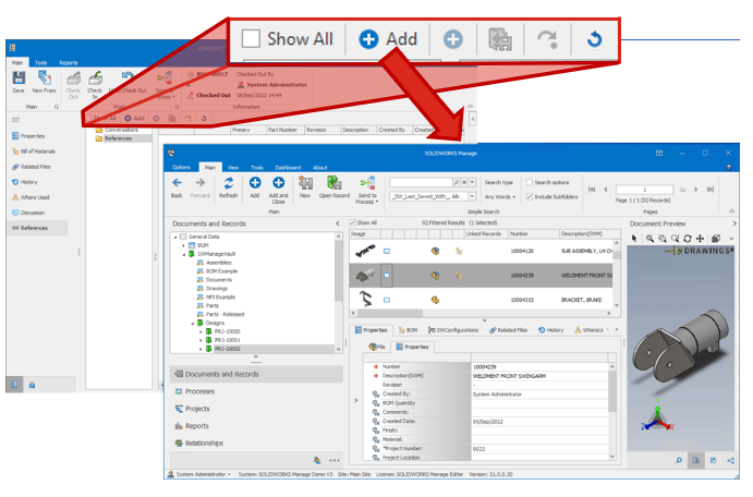 In SOLIDWORKS Manage 2023, a full user interface in the "add" screen makes advanced searching a breeze.