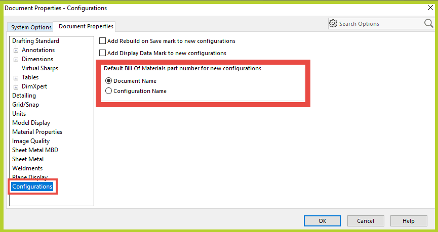 SOLIDWORKS 2023 lets you pick the default BOM part number for new configurations in your assemblies.