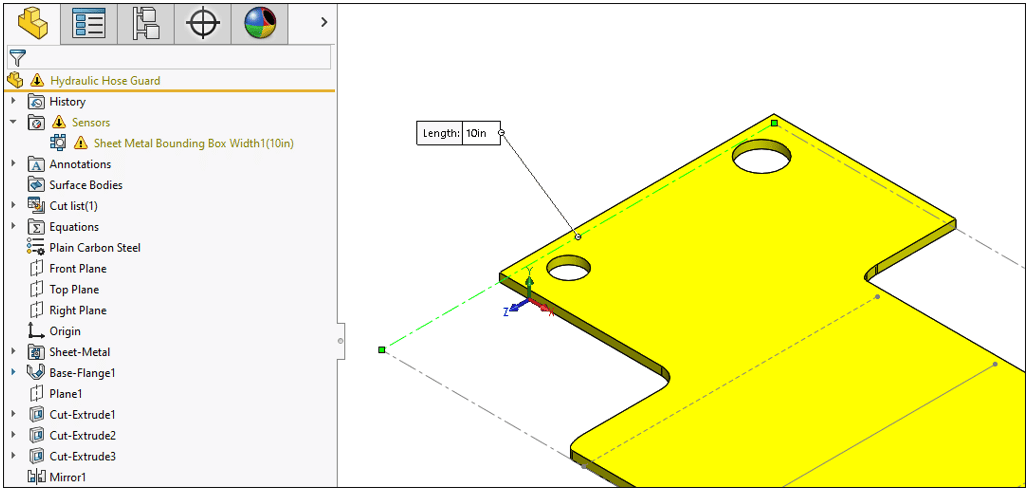 SOLIDWORKS 2023 Sensor emitting warning for exceeding the sheet metal bounding box constraint.