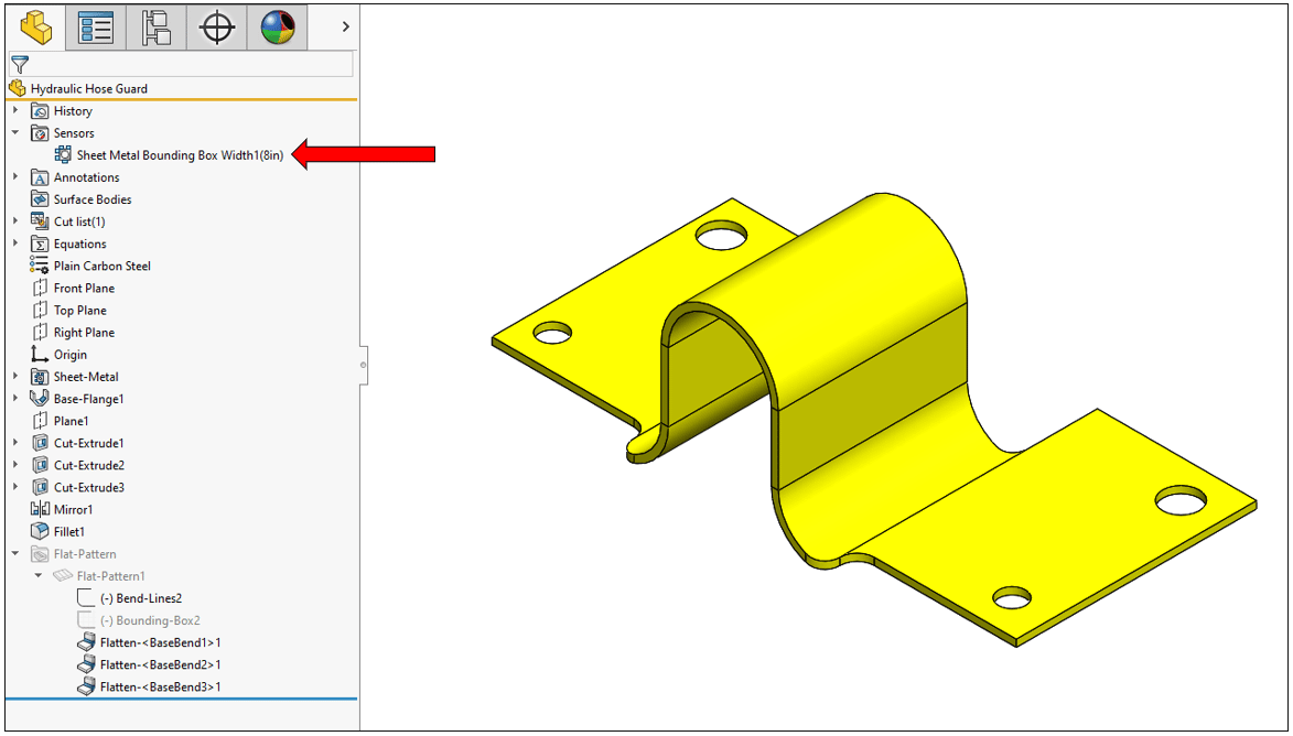 New in SOLIDWORKS 2023, the sheet metal sensor sends a warning if the flat pattern of the sheet metal part exceeds the limits specified for the bounding box.