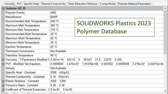 The SOLIDWORKS Plastics 2023 Polymer Database now uses a light gray border on a white background, providing cleaner contrast and easier reading.