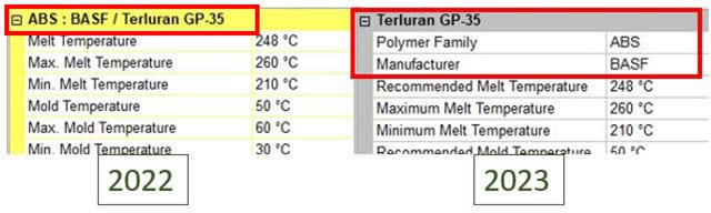 SOLIDWORKS Plastics 2023 moved the polymer family and manufacturer from the title section to the material property table, shown here.