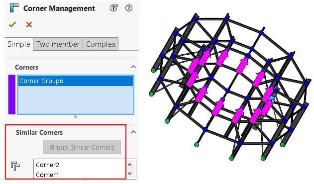 SOLIDWORKS 2023 added the ability to group corners while working on your weldment structures.