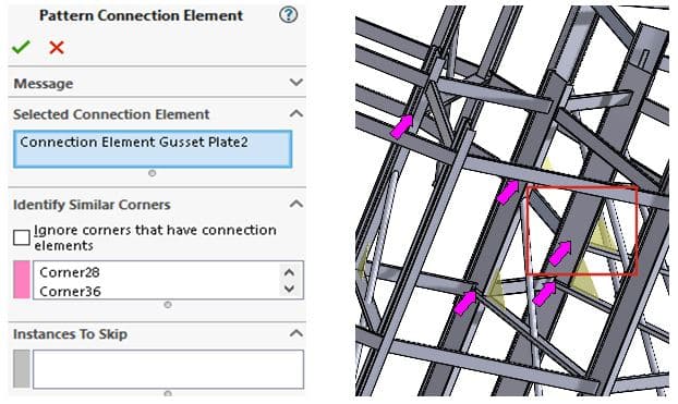 You now can identify similar corners, ignore corners that have connection elements, and skip instances as required. Here, we see SOLIDWORKS 2023 grouping corners while we specify which ones to ignore in our weldment.