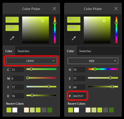 In addition to RGB and HSV colors, you can now use CMYK and Hexadecimal in SOLIDWORKS Visualize 2023.