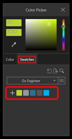 With Visualize 2023, you can easily save your favorite colors as custom swatches for fast reuse.