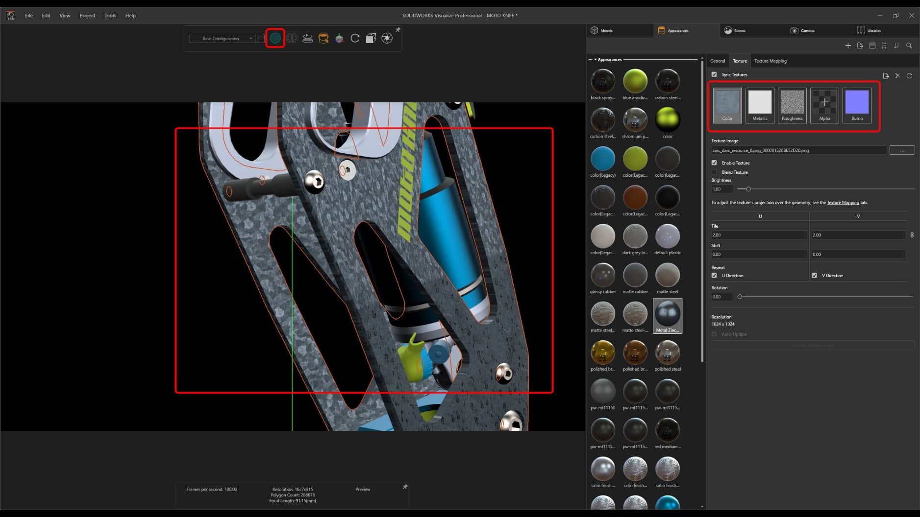 SOLIDWORKS Visualize 2023 now shows correct textures and reflections in the preview renderings.