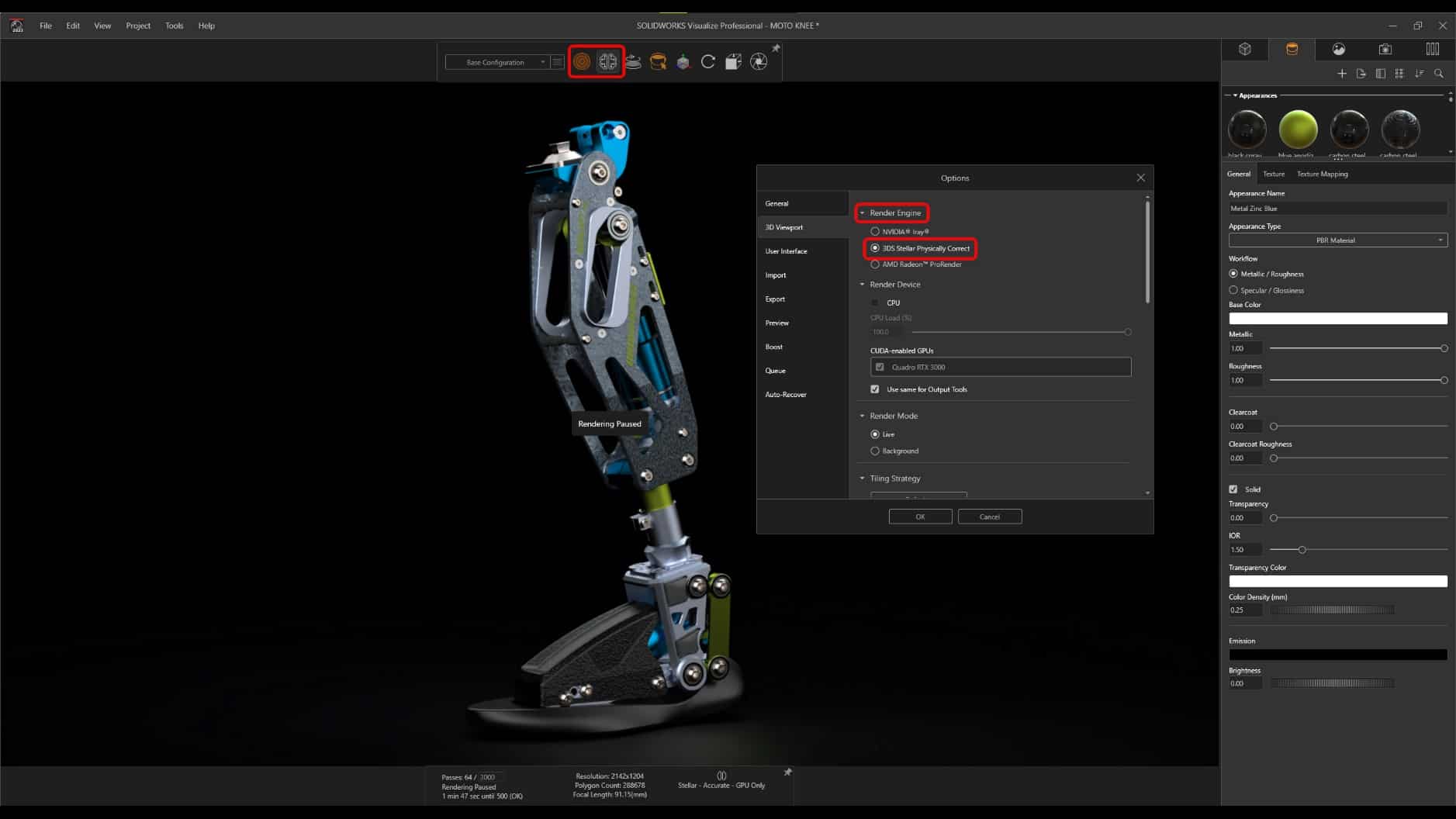 SOLIDWORKS Visualize 2023 offers a new rendering engine, 3DS Steller Physically Correct