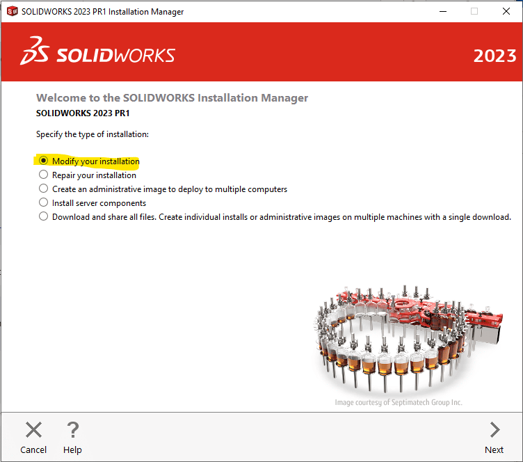 To add SOLIDWORKS PCB to an existing installation, choose to modify your installation, which is highlighted in this image.