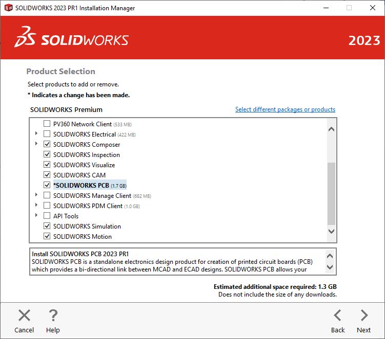 After selecting Change, check the box for every additional SOLIDWORKS add-in that you want to install.