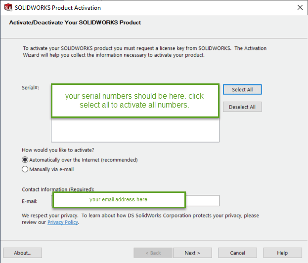 Select which serial numbers to reactivate after you finish upgrading your SolidNetWork license manager. You can choose all or just individual licenses.