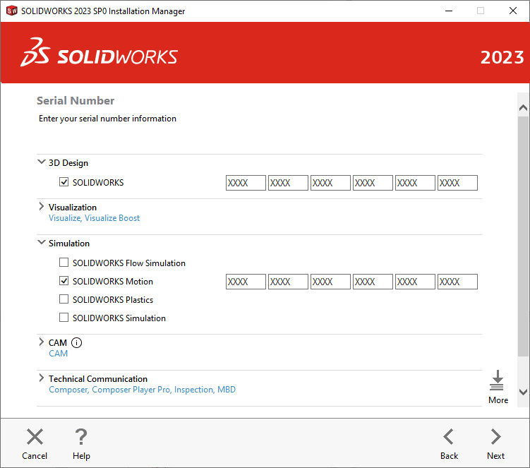 Here, enter each serial number for your additional SOLIDWORKS add-ins that you want to install.