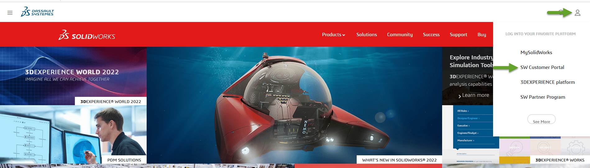 To download SOLIDWORKS 2023, navigate to the customer portal on the home page, as shown here.