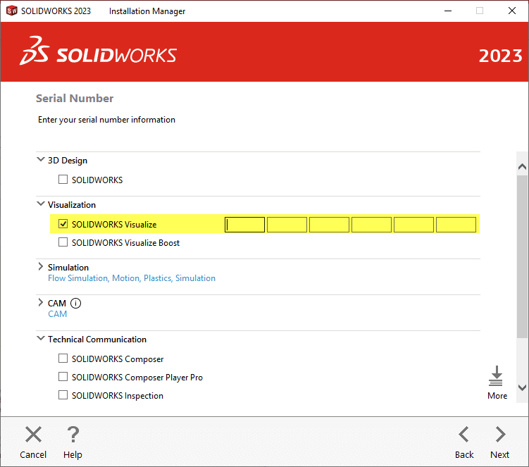 To install SOLIDWORKS visualize 2023, add your serial number to the SOLIDWORKS installation manager.