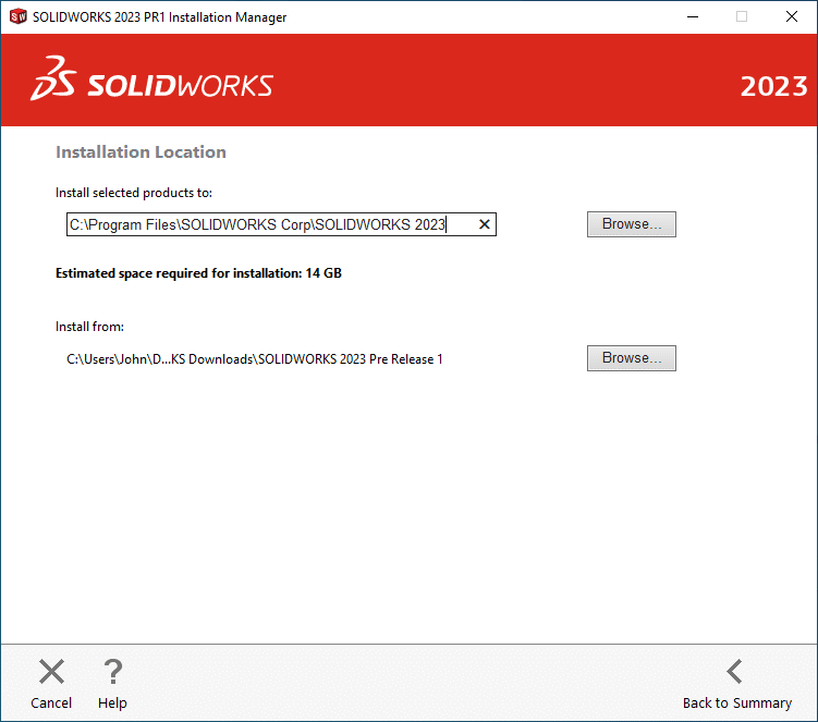 Next, select the location for where SOLIDWORKS is going to be installed. Generally, this is under your program files, as shown here.