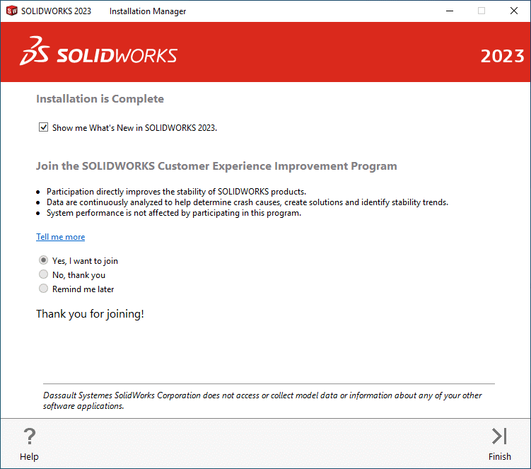 After you finish installing SOLIDWORKS 2023, be sure to join the customer experience program!