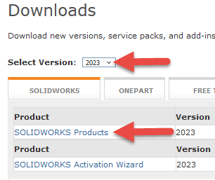 Select the version of SOLIDWORKS to install and select the SOLIDWORKS Products to begin downloading.
