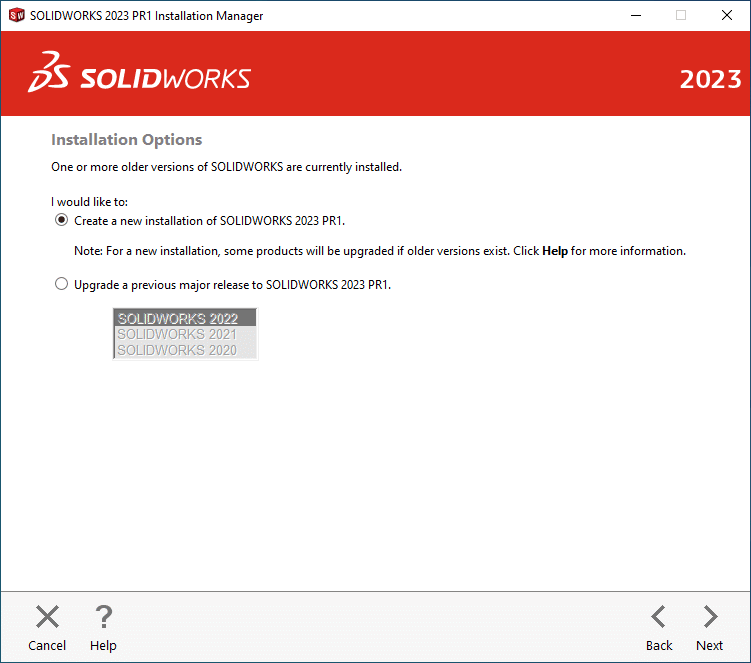 You can run multiple versions of SOLIDWORKS on the same machine. Here, select if you want to upgrade a previous version or just add a new installation.
