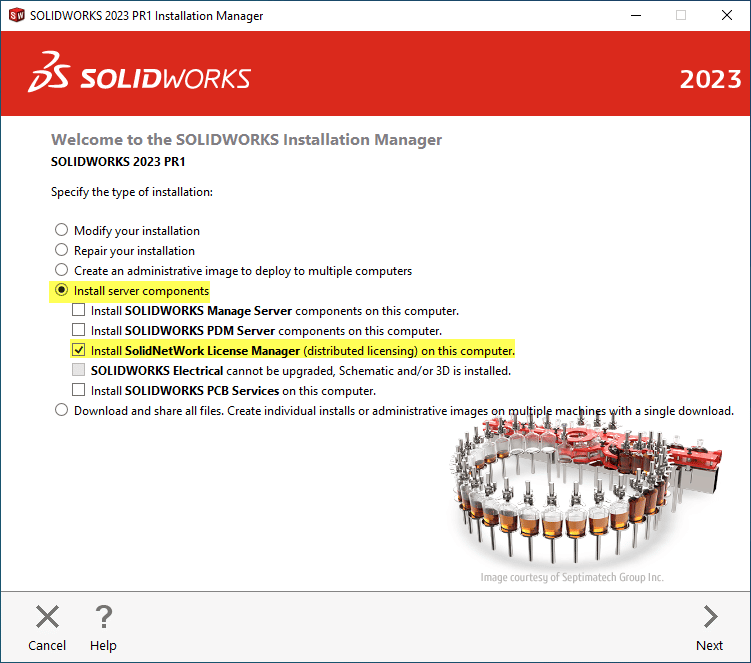 For installing a new instance of the SolidNetWork license manager, select the option to install server components on the introductory screen.