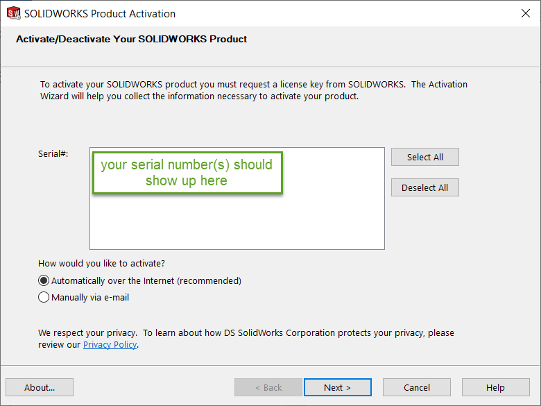 Select which serial numbers to deactivate on this screen. This is essential before upgrading your solidnetwork license manager.