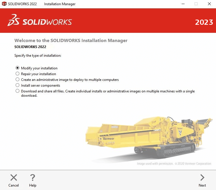 If you're adding SOLIDWORKS Electrical 2023 to an existing SOLIDWORKS installation, select the modify option shown here.