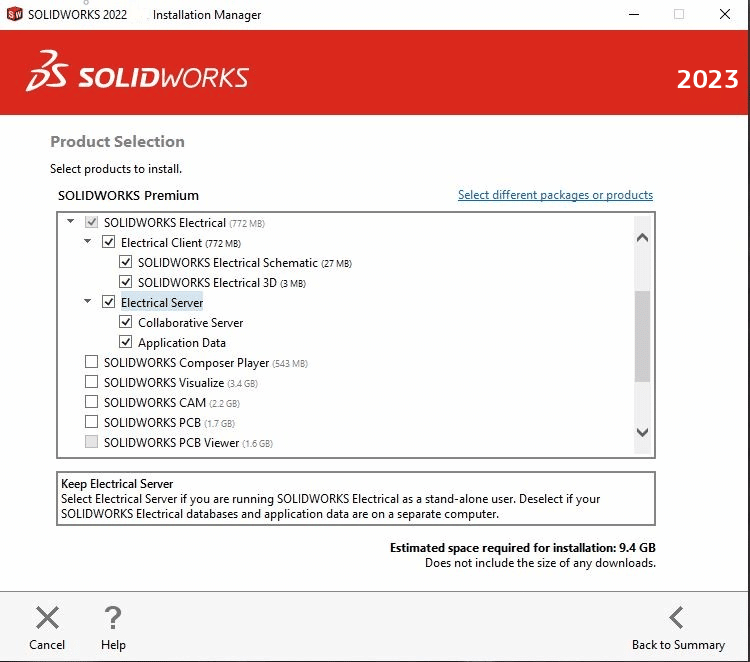 Select all additional SOLIDWORKS Electrical components that you want to install on the product selection page.