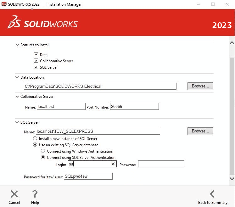 Here are the default entries for SQL Server when installing SOLIDWORKS Electrical.